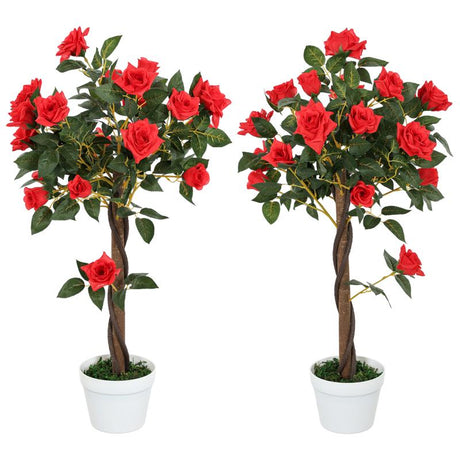 Outsunny Set of 2 Artificial Plants White Rose Floral in Pot, Fake Plants for Home Indoor Outdoor Decor, 90cm, Red