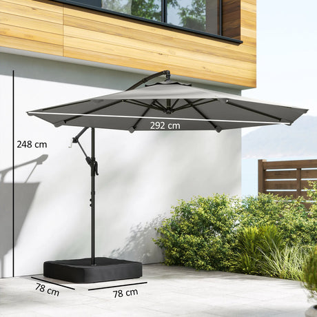 Outsunny 3 m Garden Cantilever Parasol with Cross Base, Sandbag, 360 Rotating Overhanging Banana Umbrella, Grey