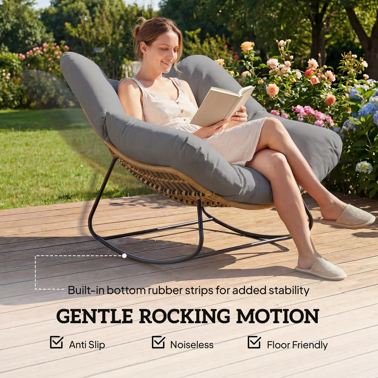 Outsunny Indoor Outdoor Rocking Chair, Oversized Rocking Egg Chair with Cushion for Living Room, Garden, Patio, Grey