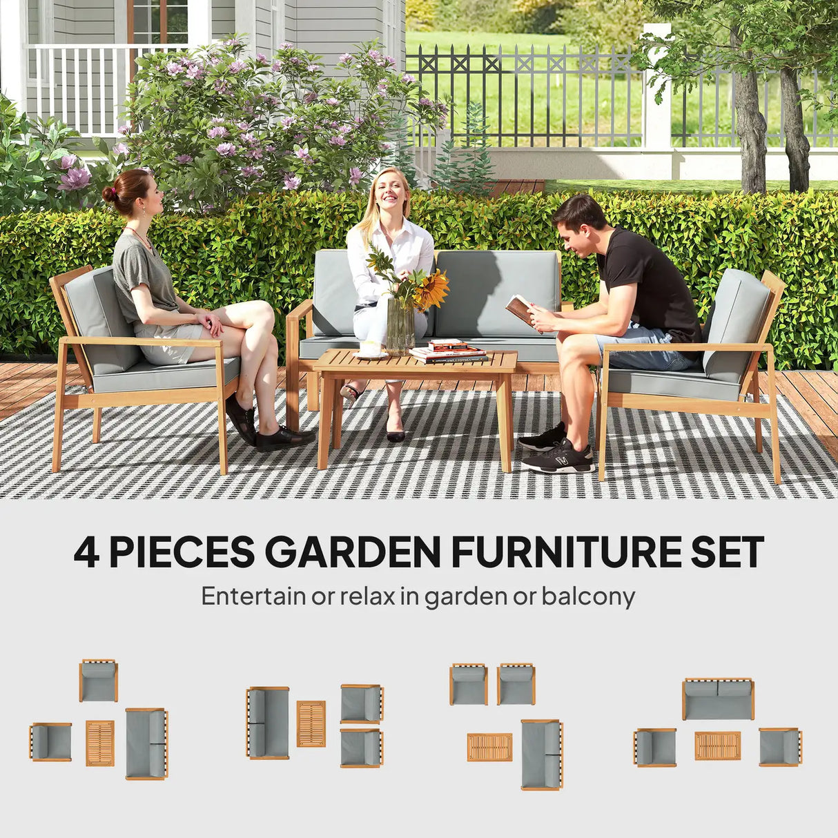 Outsunny 4-Piece Wooden Garden Furniture Set with Cushions - Teak