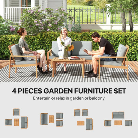 Outsunny 4-Piece Wooden Garden Furniture Set with Cushions - Teak