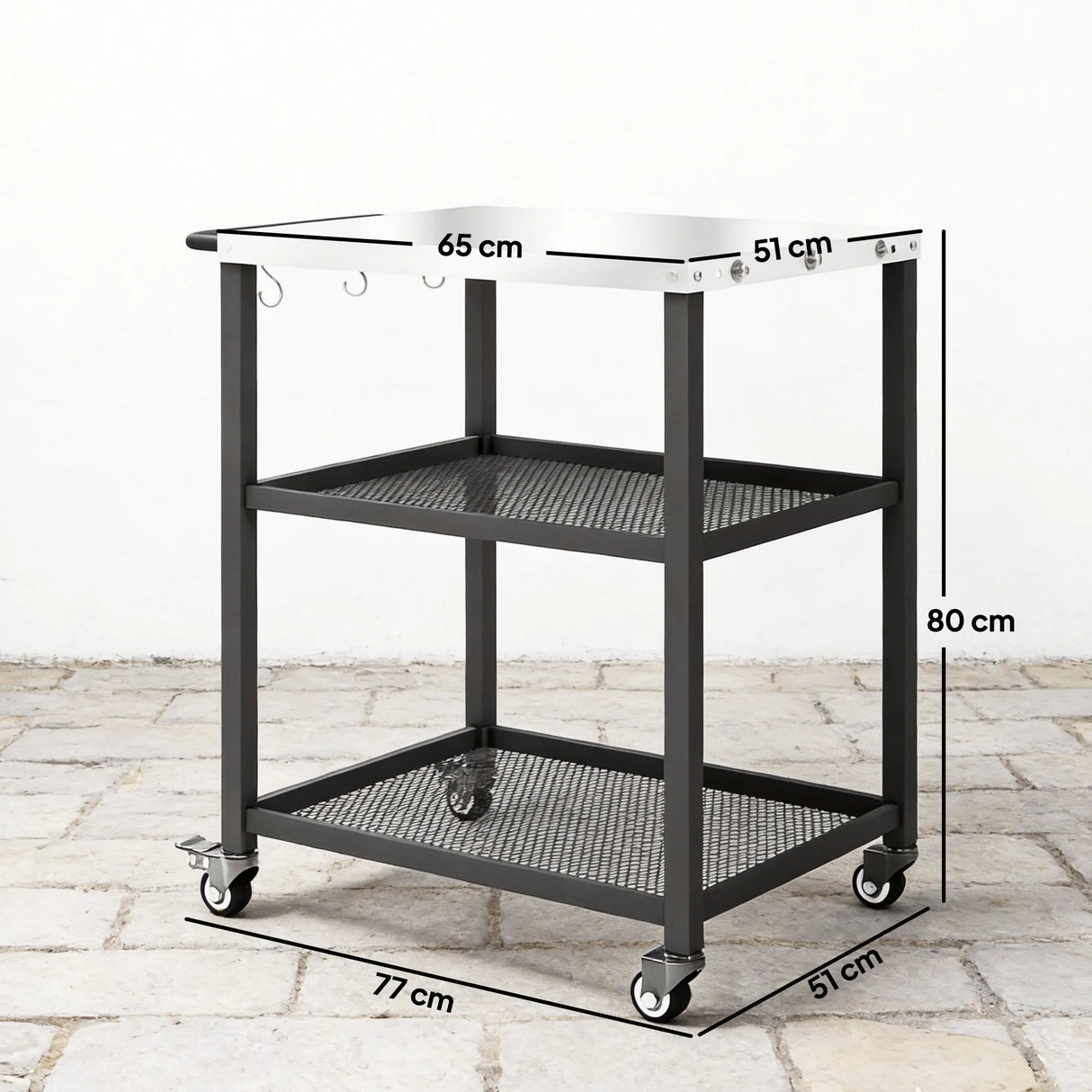 Outsunny Outdoor Grill Cart with Stainless Steel Tabletop, 3-Tier Pizza Oven Stand with Adjustable Shelf, Hooks, Wheels, Black
