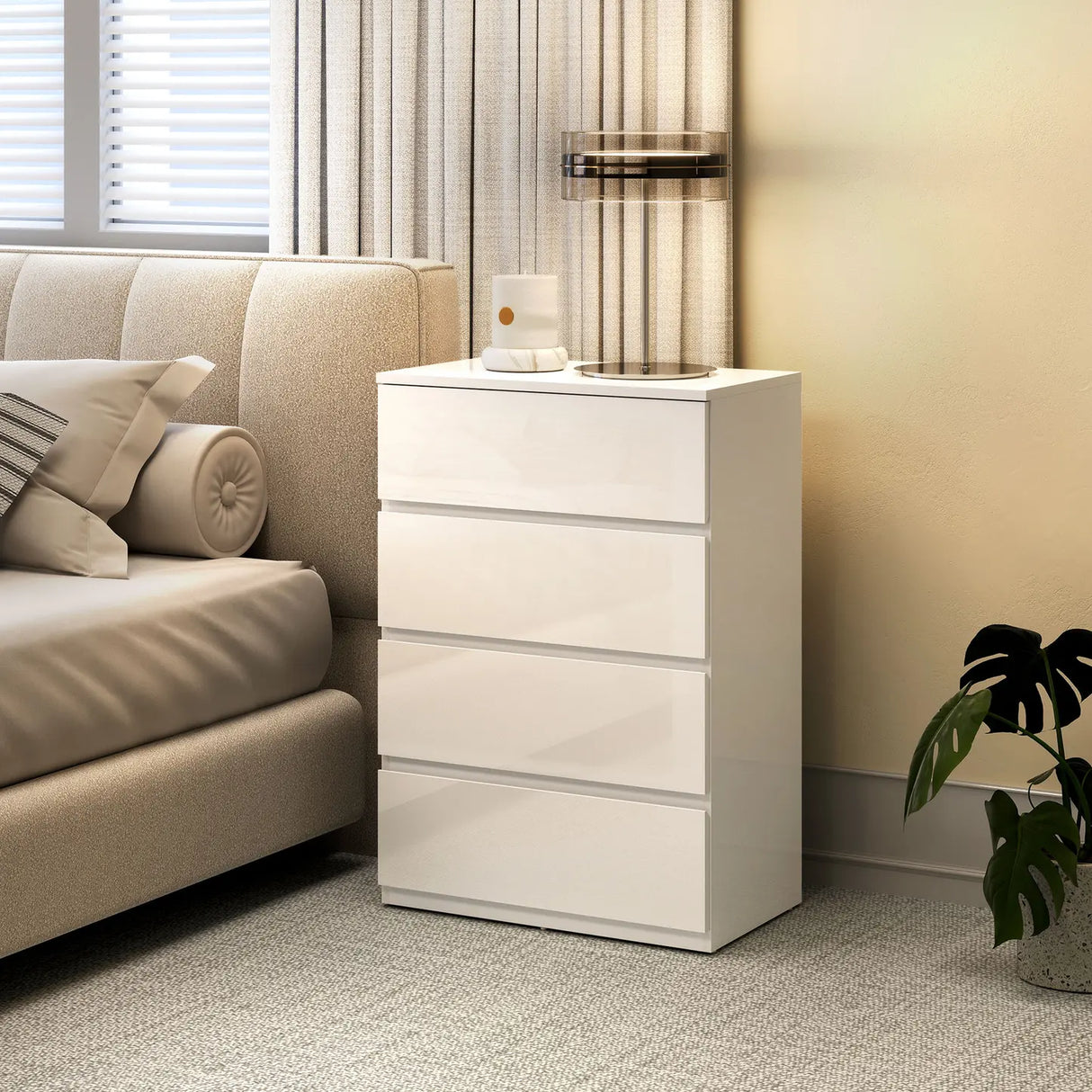 HOMCOM High Gloss Chest of Drawers, 4-Drawer Storage Cabinets, Modern Dresser for Bedroom, White