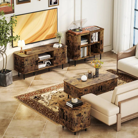 HOMCOM Coffee Table with Storage, Living Room Table with Slatted Tambour Sliding Doors and Foot Pads, Rectangular Coffee Table with Elevated Base for Living Room, Rustic Brown