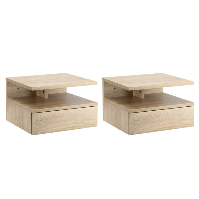 HOMCOM Set of Two Floating Bedside Tables - Oak Tone