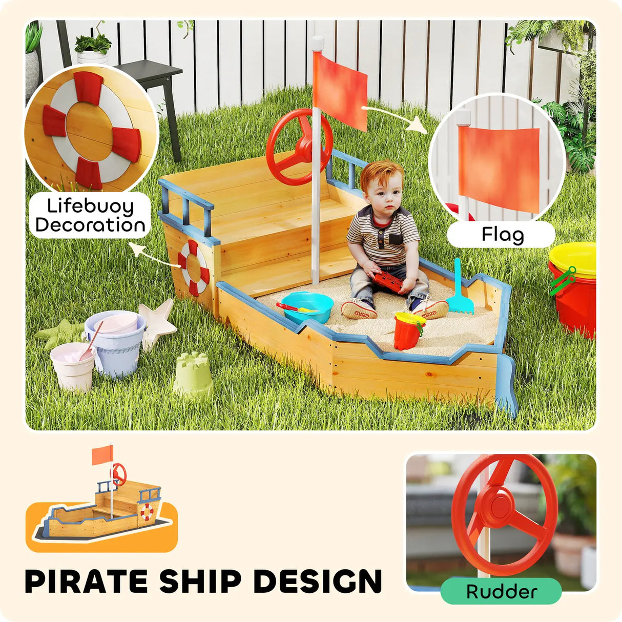 Outsunny Sand pit Kids Children Sandpit Wooden Pirate Ship Sandboat Outdoor Backyard Playset w/Bench Bottom Liner