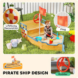 Outsunny Sand pit Kids Children Sandpit Wooden Pirate Ship Sandboat Outdoor Backyard Playset w/Bench Bottom Liner