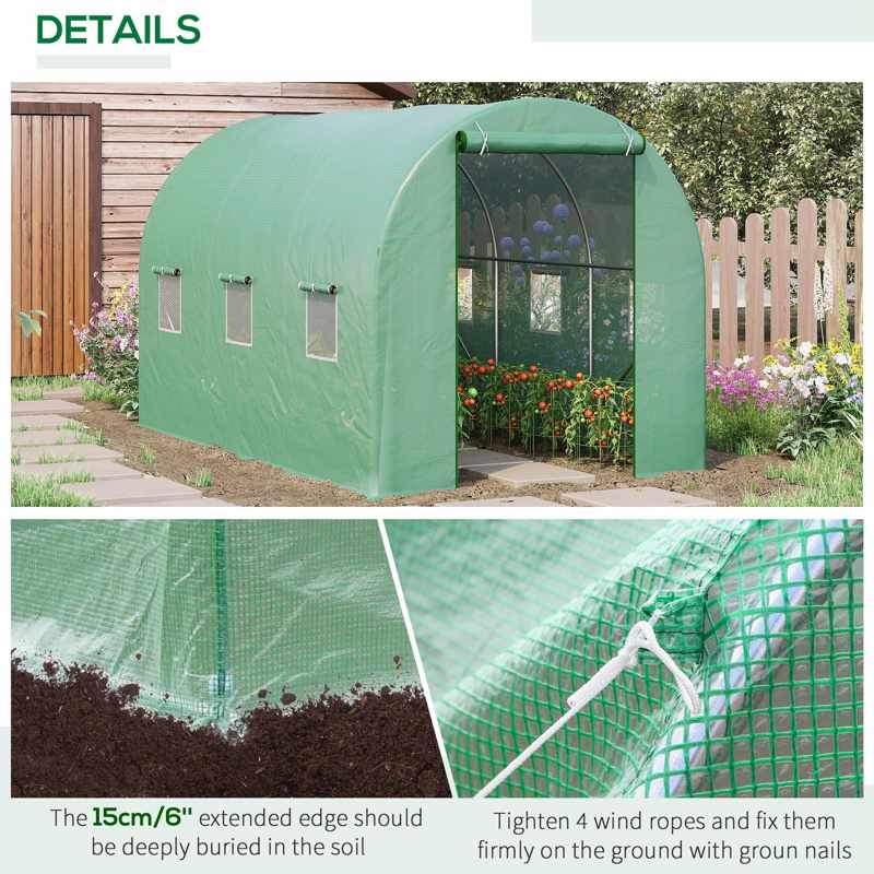 Outsunny 3.5 x 2m Walk-In Polytunnel Greenhouse, with Steel Frame, PE Cover, Roll-Up Door and 6 Windows, Green