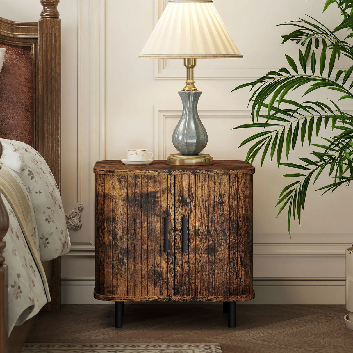 HOMCOM Bedside Table, Nordic Side Table with Roller Shutter Style Sliding Doors and Metal Legs for Bedroom, Living Room, Rustic Brown