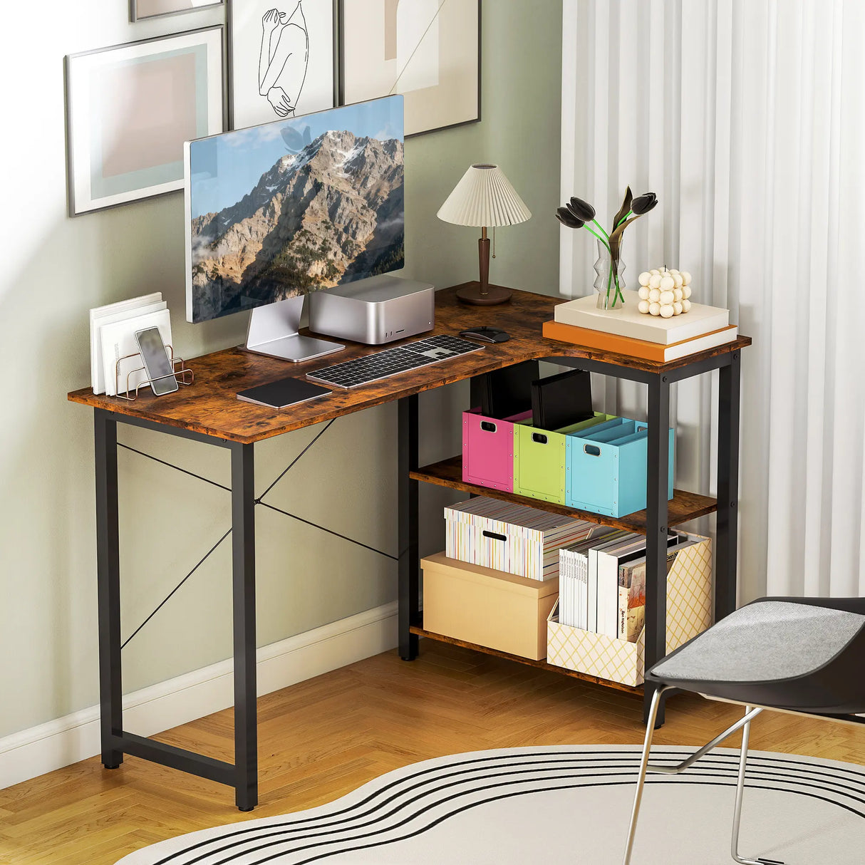 HOMCOM L Shaped Desk, Corner Computer Desk with Bookshelf for Home Office, Study Room, Workstation, 120 x 73.2 x 75cm, Rustic Brown