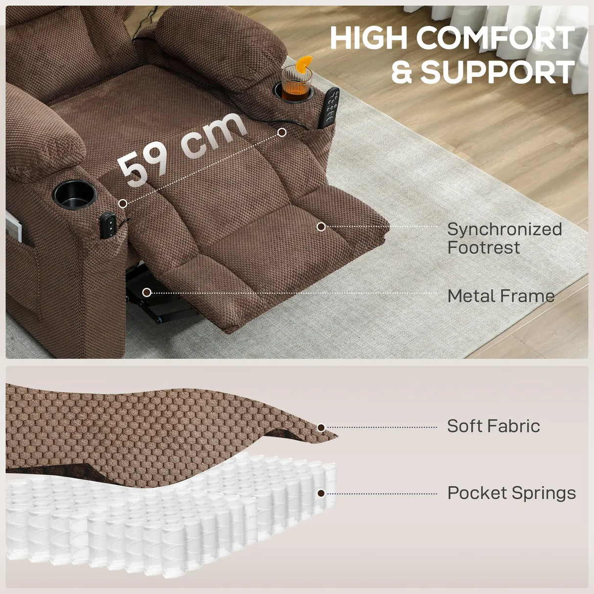 HOMCOM Electric Massage Recliner Armchair with Vibration, Heat, Whisper-Quiet Motor, Memory Function, Fleece Power Reclining Chair with Spring Pack, USB Port, Footrest, Side Pocket, Cup Holders, Brown