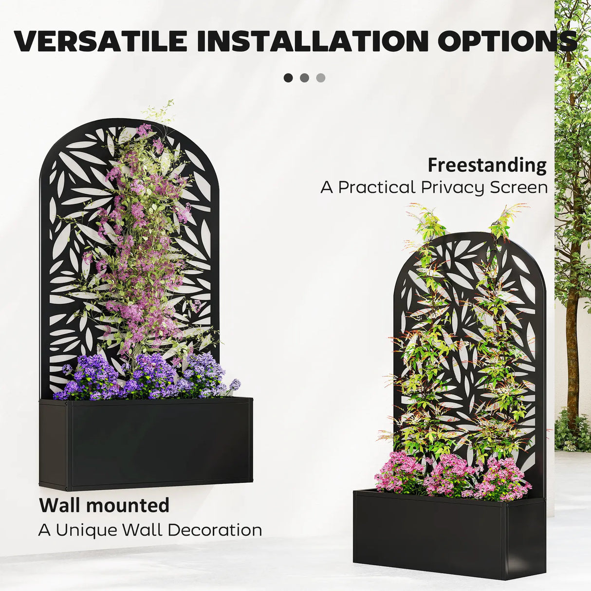 Outsunny Metal Garden Bed for Garden with Trellis, Wall Mounted or Freestanding Raised Planter with Curved Privacy Screen