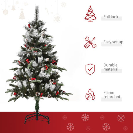 HOMCOM 4FT Artificial Snow Dipped Christmas Tree Xmas Pencil Tree Holiday Home Party Decoration with Foldable Feet Red Berries White Pinecones, Green