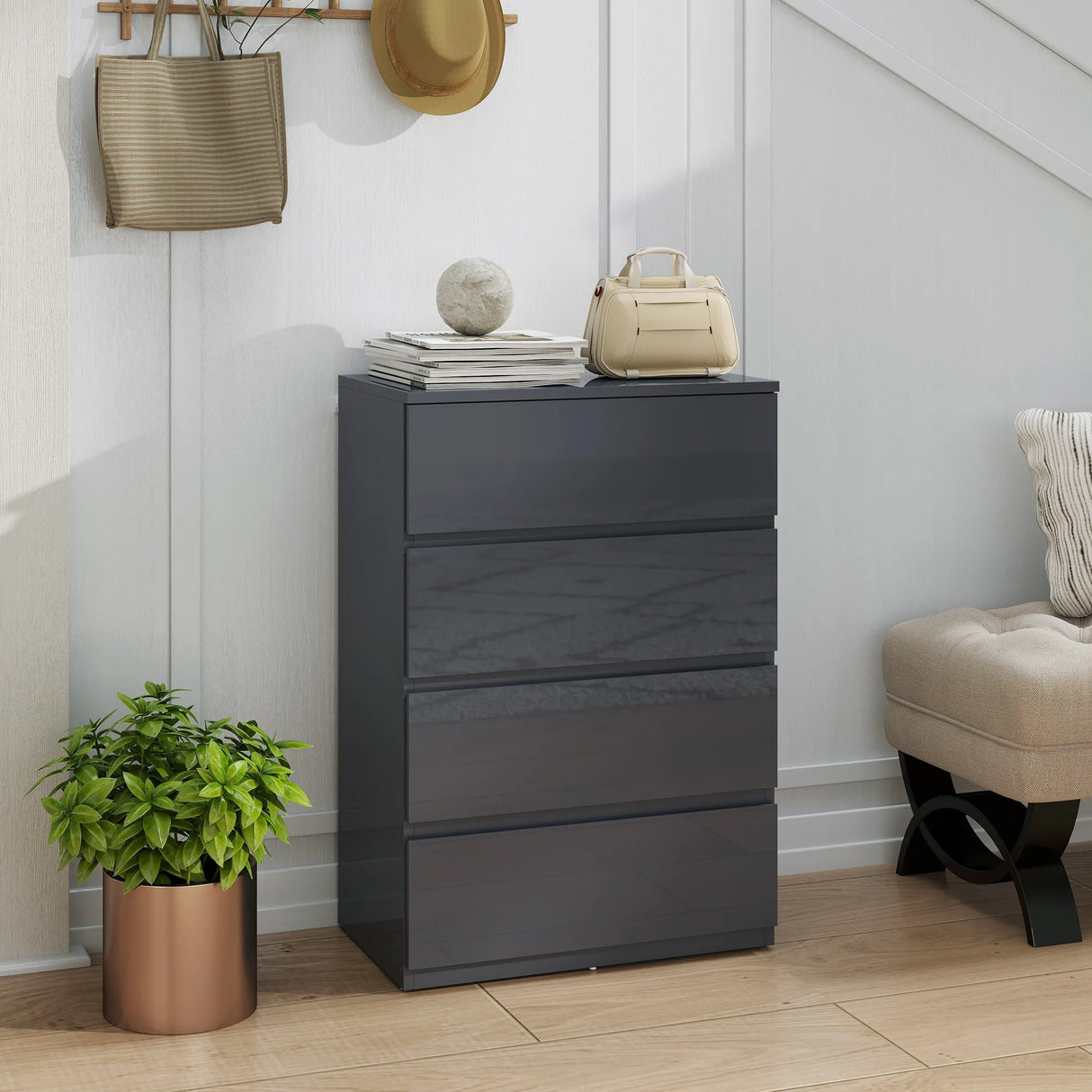 HOMCOM High Gloss Chest of Drawers, 4-Drawer Storage Cabinets, Modern Dresser for Bedroom, Grey