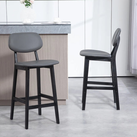 HOMCOM Bar Stools Set of 2, Breakfast Bar Chairs, PU Leather Upholstered Kitchen Stools with Backs, Footrests and Solid Wood Legs, Dark Grey