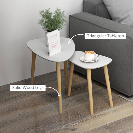 HOMCOM Nesting Coffee Table, Set of 2 Side Tables, Stacking End Tables with Solid Wood Legs, for Living Room Bedroom, Light Grey