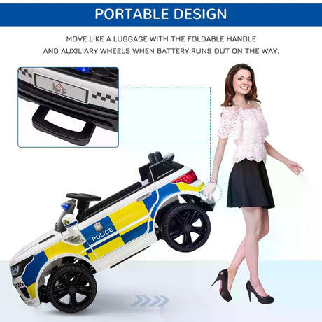 HOMCOM 12V Kids Electric Ride On Police Car 2 Motors with Parental Remote Control Siren Flashing Lights USB Portable for 3-6 Years White