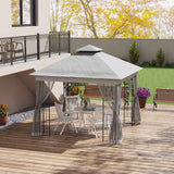 Outsunny 3(m) x 3(m)  Double Roof Outdoor Garden Gazebo Canopy Shelter with Netting, Solid Steel Frame, Light Grey