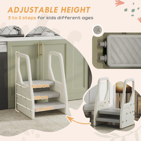AIYAPLAY Adjustable 3 Step Toddler Tower with Handles, Non-slip Surface and Foot Pads, Grey
