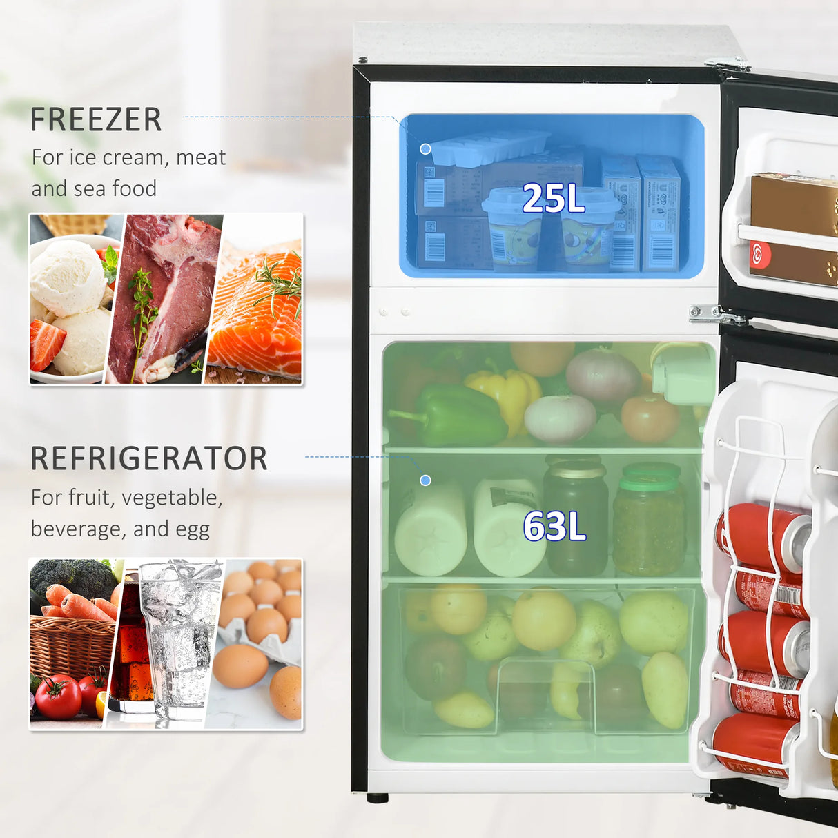 HOMCOM 88L Under Counter Fridge Freezer, Small Refrigerator with 5-Setting, 3 Star Freezer Rating, Black