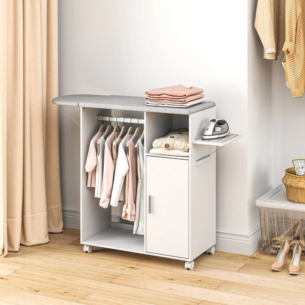 HOMCOM Rolling Ironing Board Cabinet, Foldable Ironing Station with Storage, Wheels for Home, Laundry Room, White
