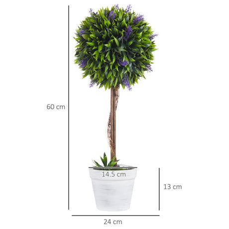 HOMCOM Set of 2 Decorative Artificial Plants Ball Trees with Lavender Flowers in Pot Fake Plants for Home Indoor Outdoor Decor, 60cm, Green