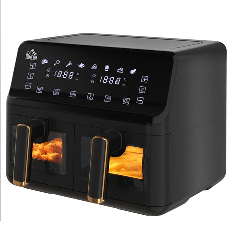 HOMCOM 8L 200°C Double Air Fryer, with 8 Preset Menus and Digital Display - Gold Tone/Black