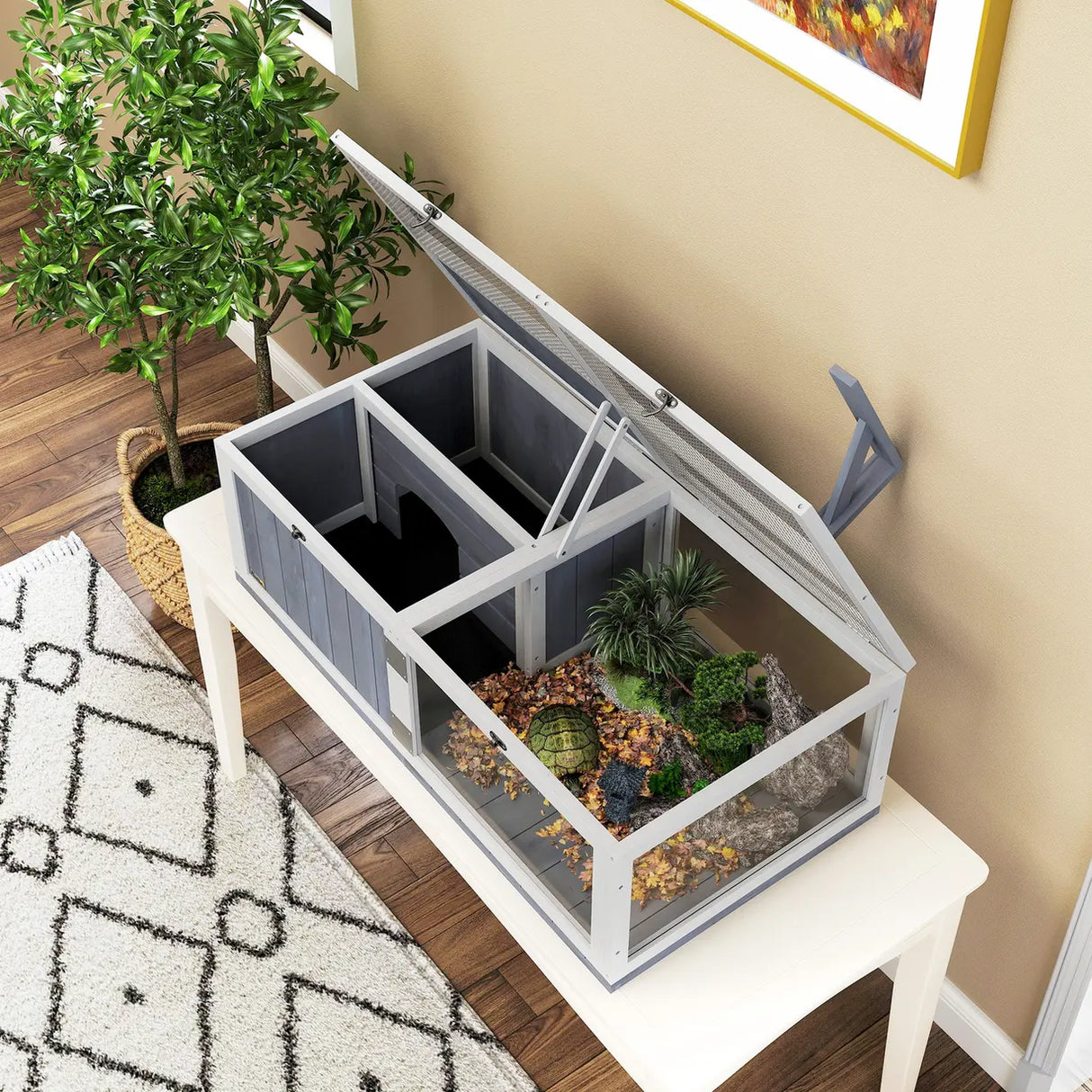 PawHut Wooden Tortoise House with Lamp Holder, Clear Windows, Openable Tops, Built-In Tray, Light Grey