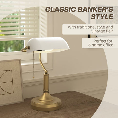 HOMCOM Banker's Desk Lamp with Antique Bronze Tone Base, Table Lamp with White Glass Shade for Home Office, White