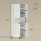 HOMCOM 180 cm Tall Kitchen Cupboard, Pantry Storage Cabinet with Soft Close Doors and Adjustable Shelves, High Gloss White