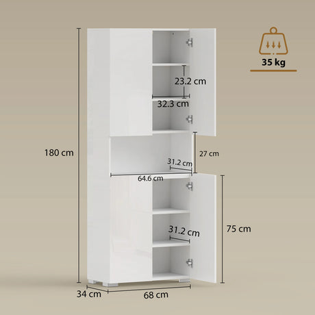 HOMCOM 180 cm Tall Kitchen Cupboard, Pantry Storage Cabinet with Soft Close Doors and Adjustable Shelves, High Gloss White