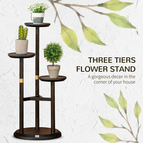 Outsunny 3-Tier Plant Stand, Plant Shelf Rack,  Bamboo Display Stand, 46x46x86cm, Dark Walnut