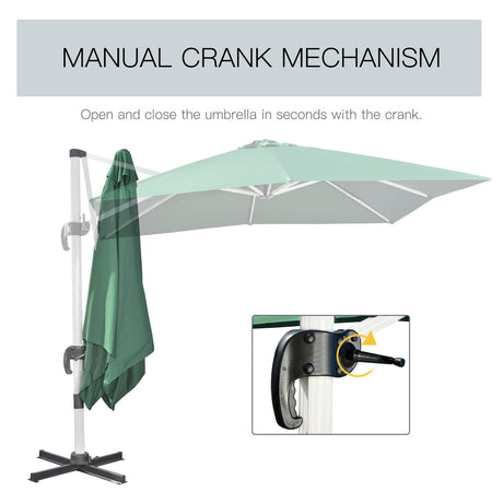 Outsunny 3 x 3(m) Cantilever Roma Parasol, Square Garden Umbrella with Cross Base, Crank Handle, Tilt, 360 Rotation and Aluminium Frame, Green