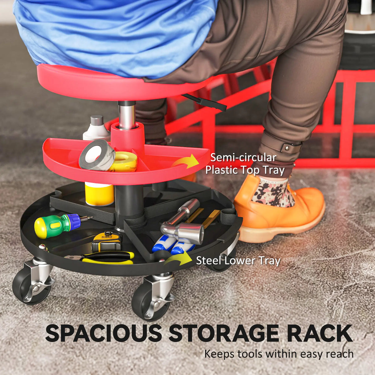HOMCOM Rolling Mechanic Stool, 135kg Capacity Workshop Stool, 360 Swivel Roller Padded Creeper Seat with Wheels, Tool Trays Storage for Garage, Shop, Auto Repair, Red