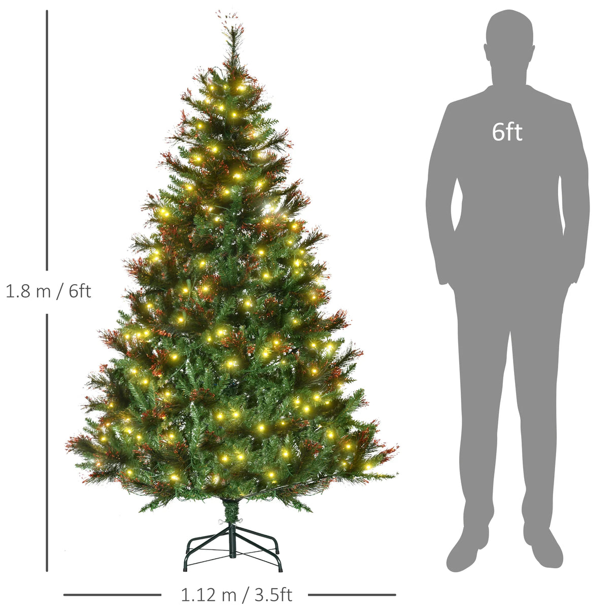 HOMCOM 1.8m 6ft Pre-Lit Christmas Tree Artificial Spruce Xmas Tree Warm White LED Holiday Dcor with Metal Stand