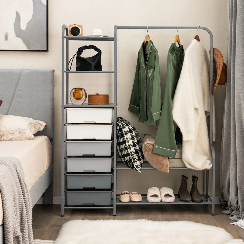 Free Standing Closet Organizer with Removable Drawers and Shelves-Gray