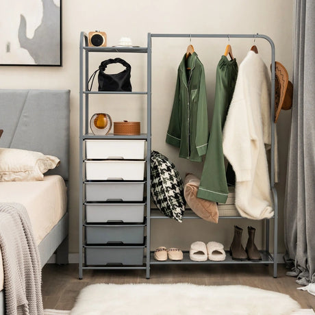 Free Standing Closet Organizer with Removable Drawers and Shelves-Gray