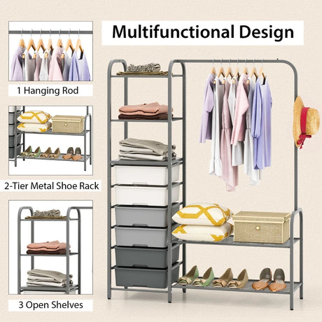 Free Standing Closet Organizer with Removable Drawers and Shelves-Gray
