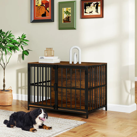Heavy-duty Dog Crate Furniture with Dual Lockable Double Doors-Rustic Brown