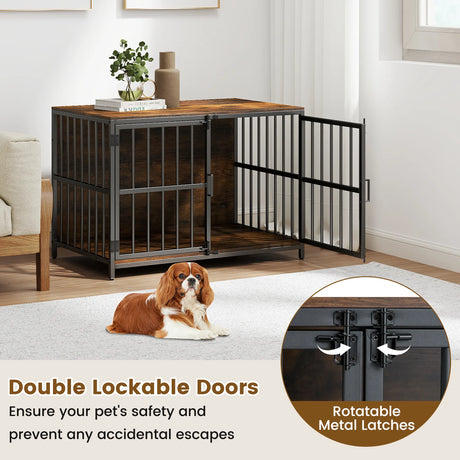 Heavy-duty Dog Crate Furniture with Dual Lockable Double Doors-Rustic Brown