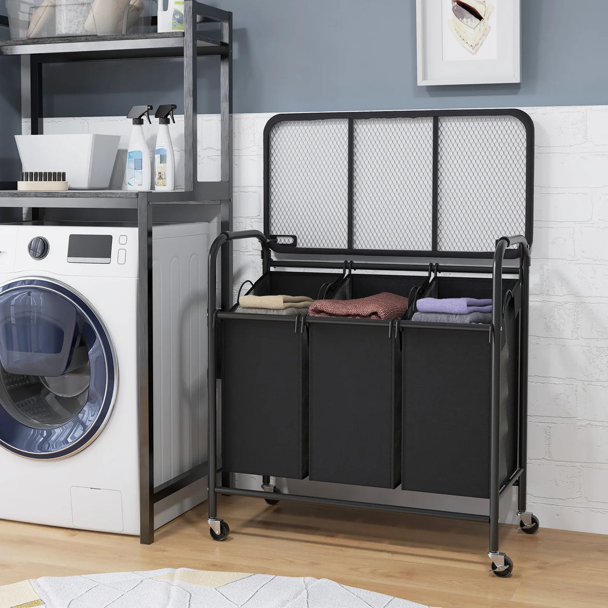 3-Section Laundry Sorter Cart with Ironing Board and Lockable Wheels-Black