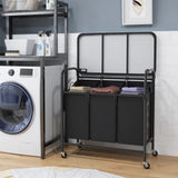 3-Section Laundry Sorter Cart with Ironing Board and Lockable Wheels-Black