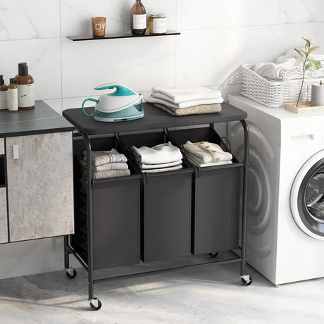 3-Section Laundry Sorter Cart with Ironing Board and Lockable Wheels-Black