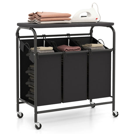 3-Section Laundry Sorter Cart with Ironing Board and Lockable Wheels-Black