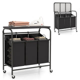 3-Section Laundry Sorter Cart with Ironing Board and Lockable Wheels-Black