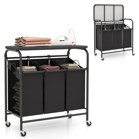 3-Section Laundry Sorter Cart with Ironing Board and Lockable Wheels-Black