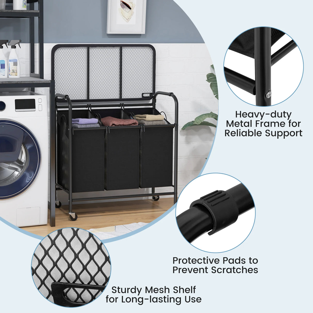3-Section Laundry Sorter Cart with Ironing Board and Lockable Wheels-Black