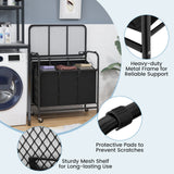 3-Section Laundry Sorter Cart with Ironing Board and Lockable Wheels-Black