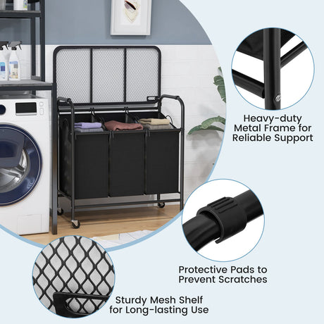 3-Section Laundry Sorter Cart with Ironing Board and Lockable Wheels-Black