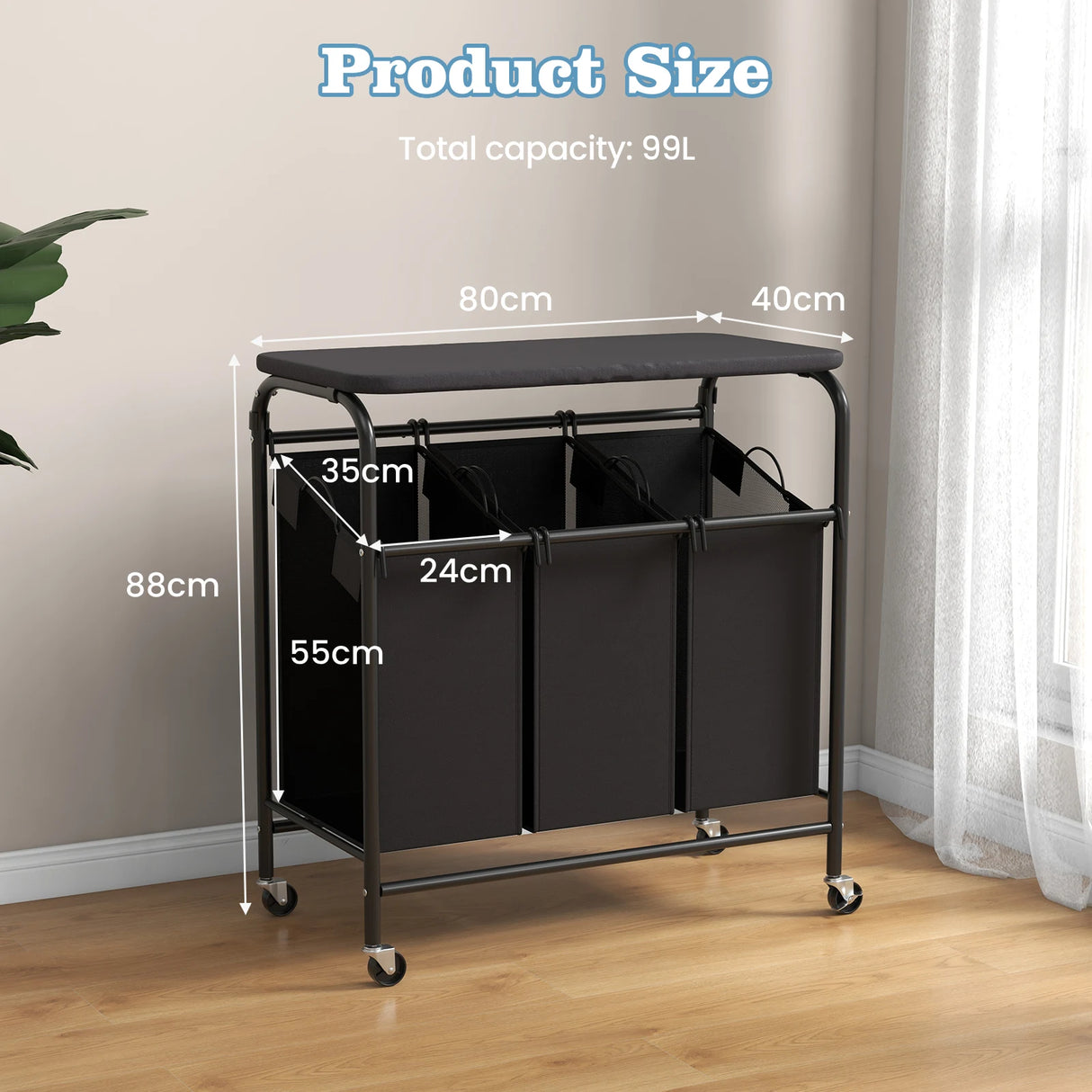 3-Section Laundry Sorter Cart with Ironing Board and Lockable Wheels-Black